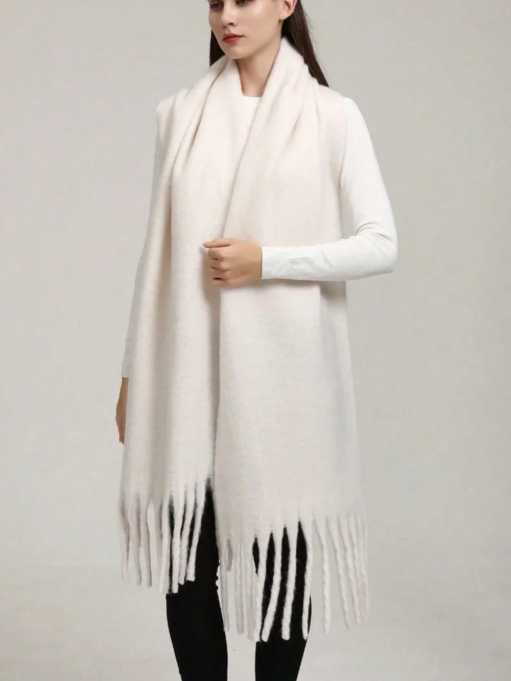Cream cozy and warm Casual Women's Plain Plush Tassel Shawl scarf